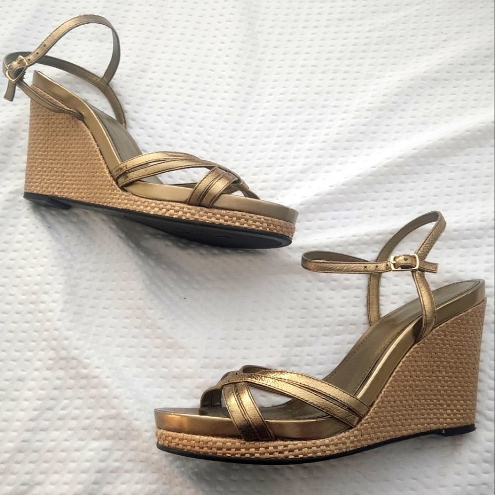 Ralph Lauren Strappy Gold Woven Wedge Sandal Sz 8.5